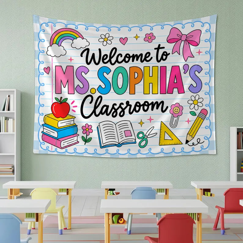Personalized Teacher Back To School Tapestry Banner, Custom Welcome Classroom Banner with Name, First Day of School Gifts, Gift for Teacher. CBPETAL15