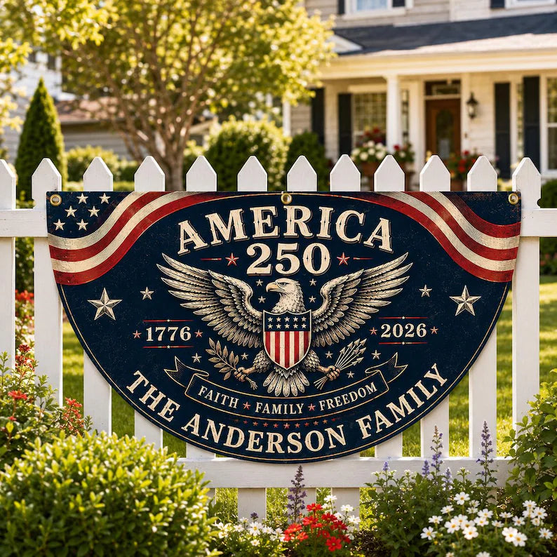 Custom 250th Anniversary Fan Flag, Personalized Family Name Patriotic Bunting, 1776-2026 USA Porch Decoration, Outdoor Patriotic Decor BPETAL09