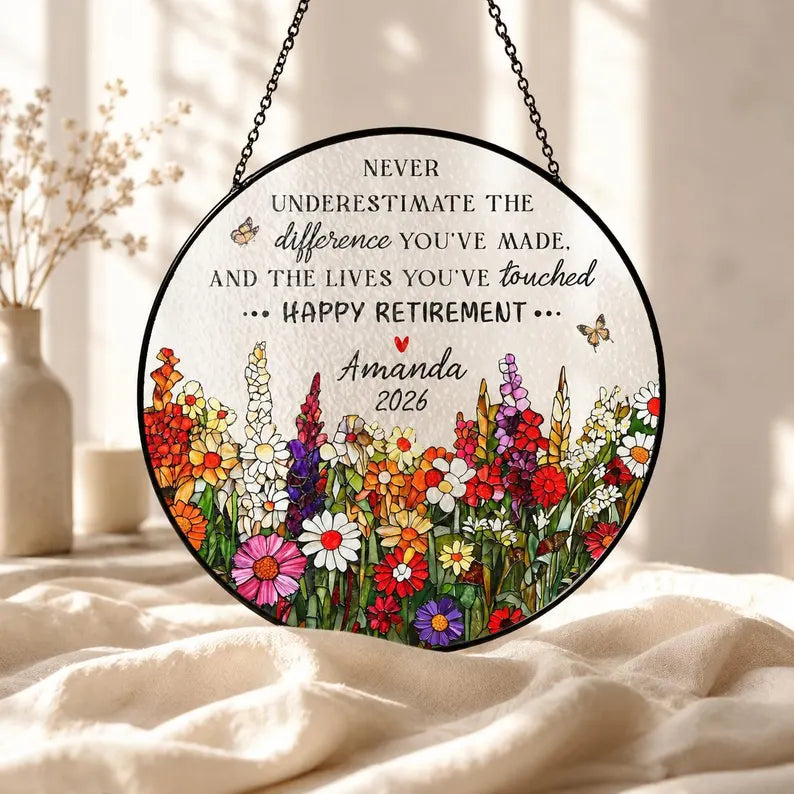 Retirement Stained Glass Suncatcher, Personalized Floral Retirement Window Decor, Colleague Retirement Keepsake, Coworker Gift, Grandma Gift. SUNPETAL18