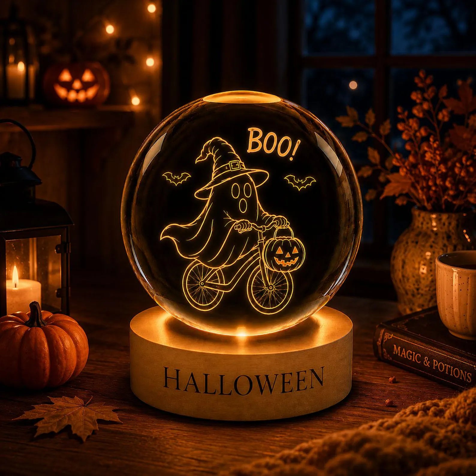 Spooky Cute Ghost Crystal Ball Lamp Halloween Night Light Pumpkin Decor Fall Home Decoration Autumn Gift Idea. LEDPETAL13
