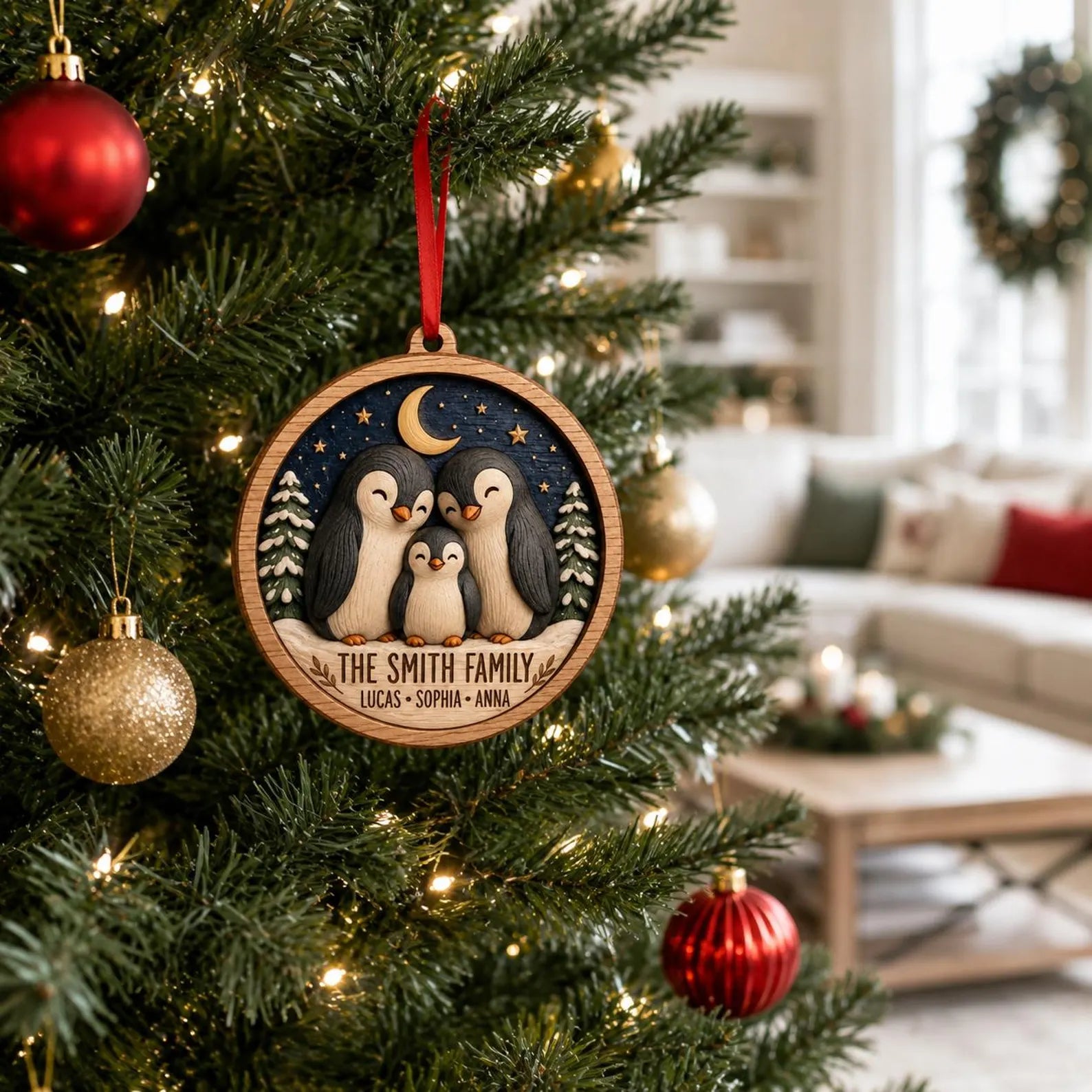 Personalized Penguin Family Wooden Ornament, Custom Family Christmas Ornament, Penguin Christmas Gift, Family Name Keepsake	COPETAL13
