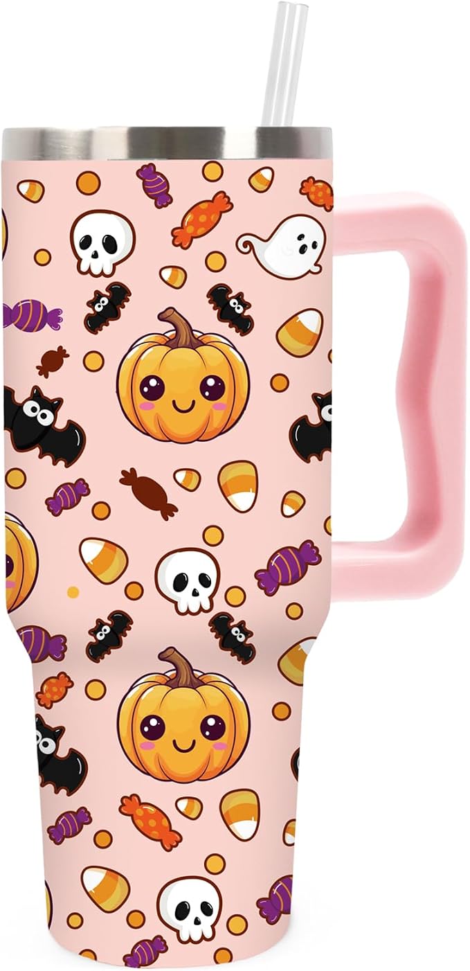 Whaline Halloween Tumbler 40oz Cute Pumpkin Skull Candy Corn Bat Tumbler with Lid Straw Pink Cartoon Stainless Steel Cup with Handle for Home Office Travel. TBLPETAL12