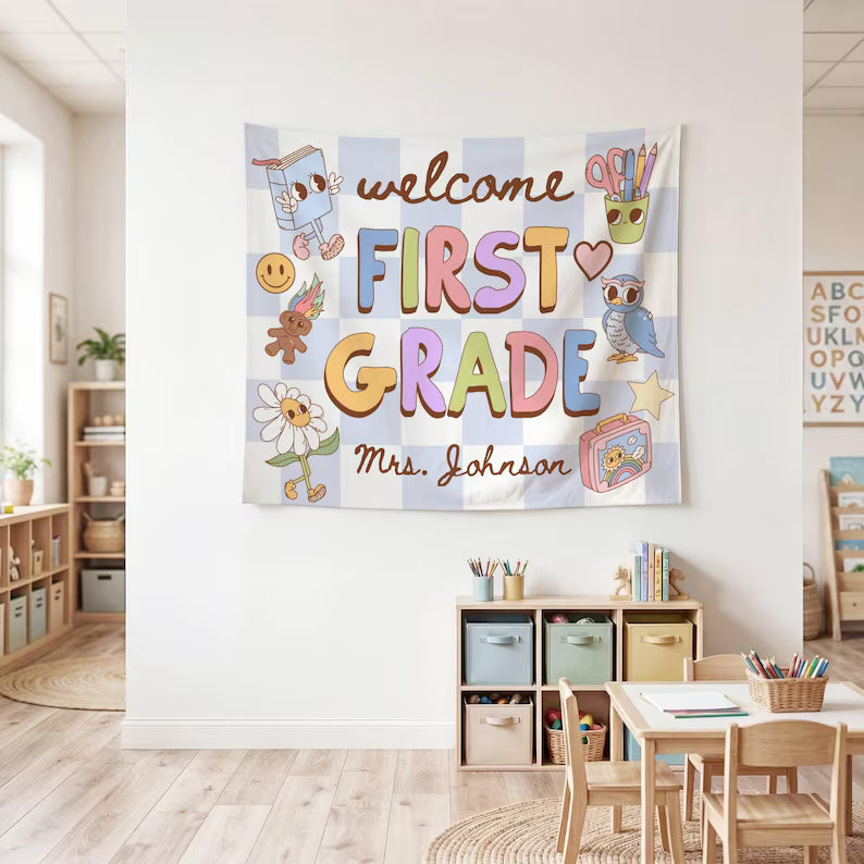 Custom First Grade Classroom Poster or Banner, Retro Classroom Decor, Elementary Teacher Pastel Wall Art, Back to School. CBPETAL18