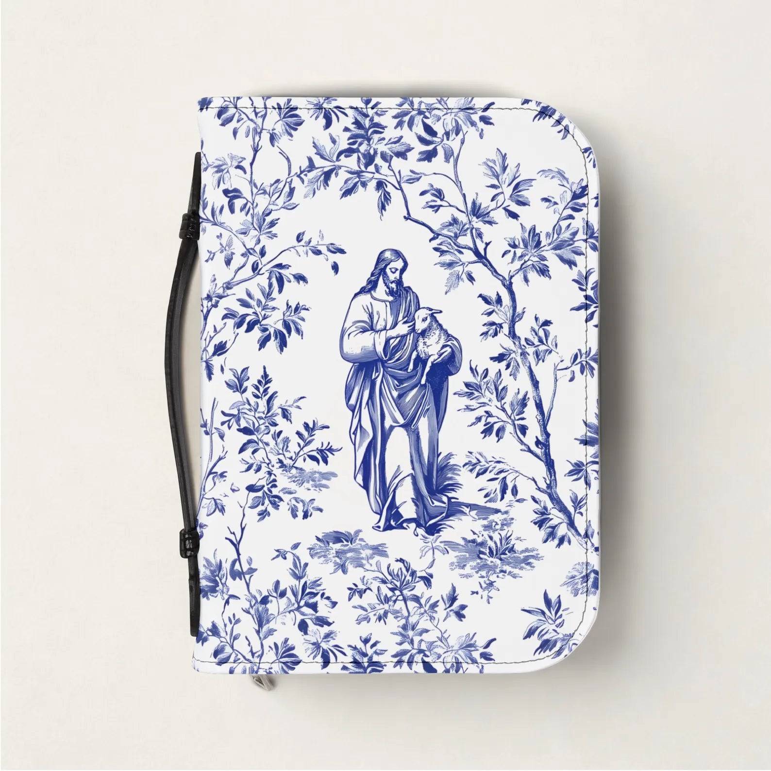 Jesus and Lost Lamb Blue Toile Bible Cover, Christian Bible Case with Handle, Jesus Lost Sheep French Toile Notebook Case Faith Gift for Mom. BCPETAL20