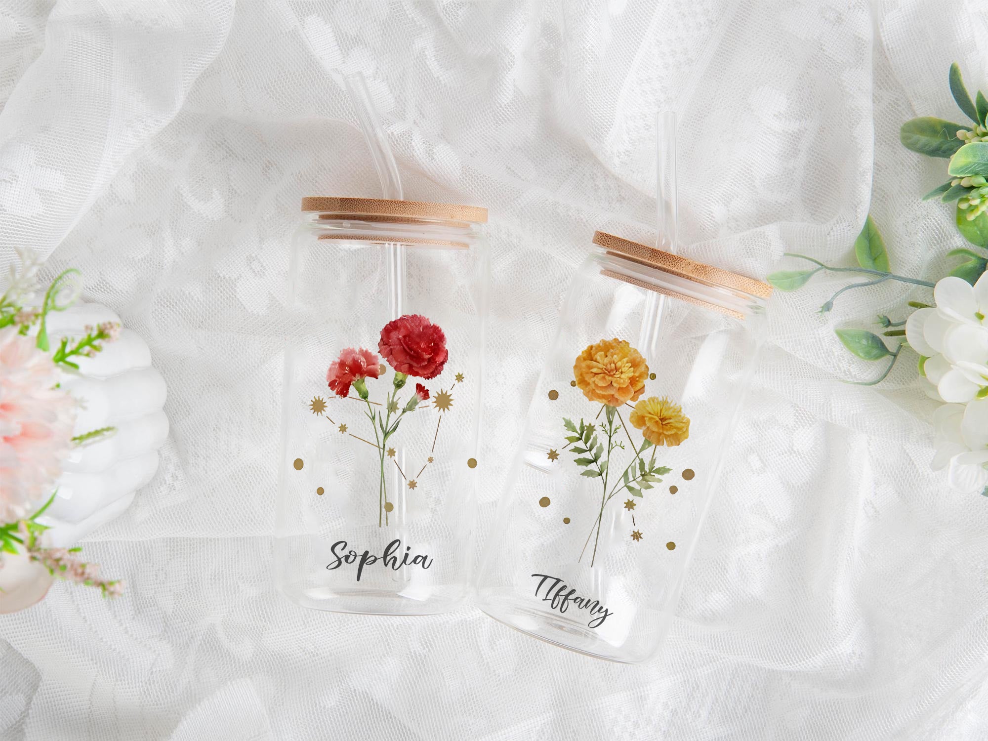 Personalized Birth Flower and Zodiac Sign Glass Cup with Bamboo Lid and Straw, Custom Name Iced Coffee Tumbler, Astrology Floral Gift for Her