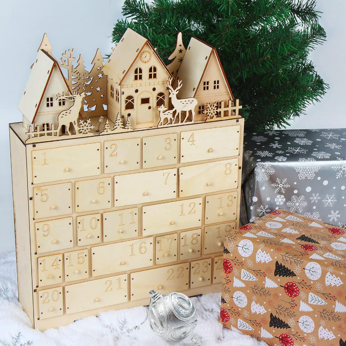Wooden Christmas Village Advent Calendar with 24 Drawers, Reindeer House Holiday Countdown Decor – ACPETAL03