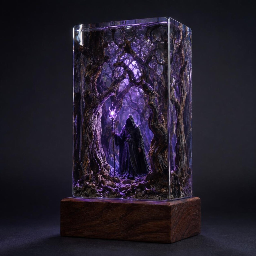 Wizard Resin Night Light, Dark Forest Fantasy Diorama, Handmade Epoxy Lamp, Book Lover Gift, Unique Fantasy Decor. RLPETAL04