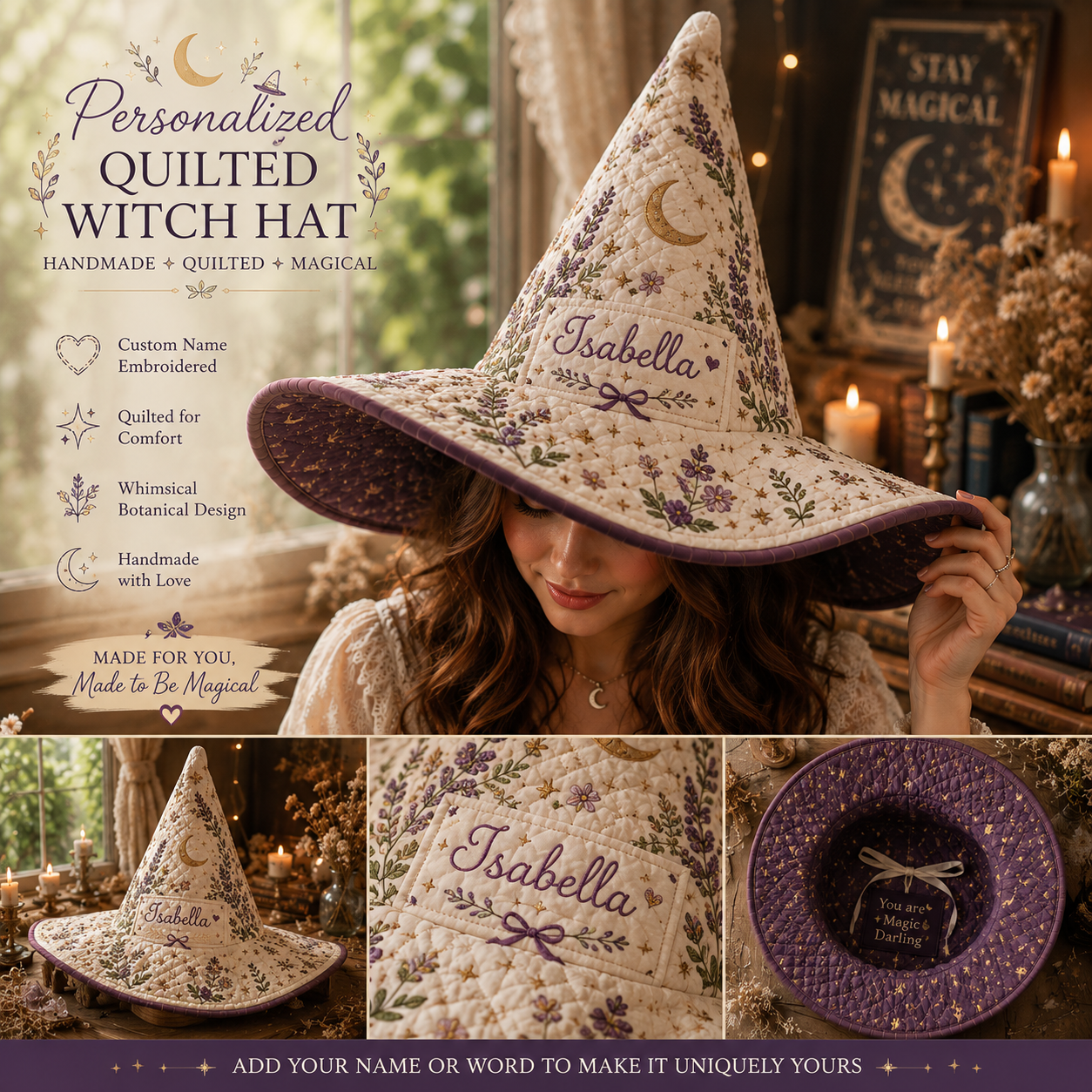 Personalized Quilted Witch Hat for Women – Custom Name Lavender Floral Cottagecore Halloween Witch Hat. QWHPETAL11