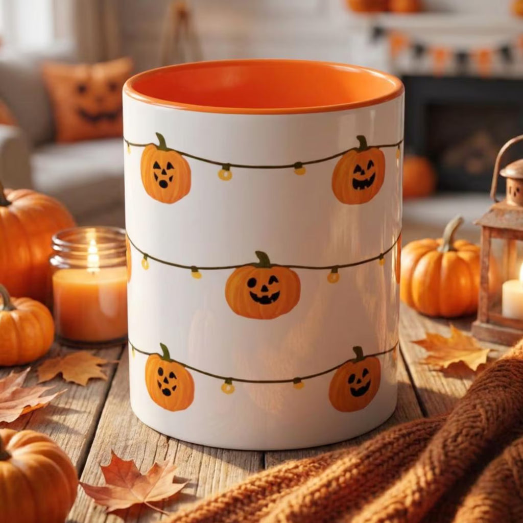 Jack O Lantern String Lights Mug, Cute Halloween Pumpkin Coffee Cup, Halloween Gift For Her, Spooky Season Mug, Cute Pumpkin Halloween Gift. MPETAL3