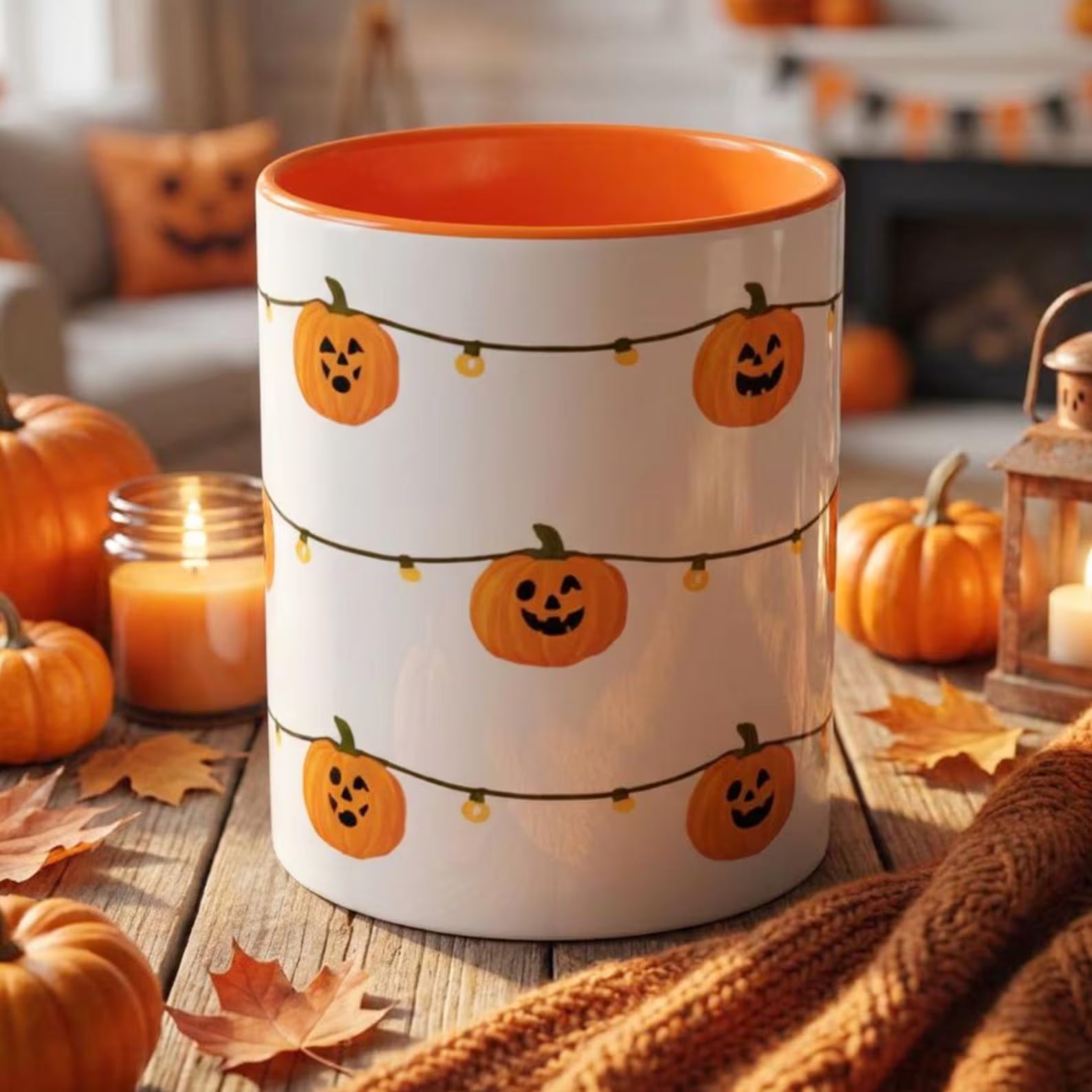 Jack O Lantern String Lights Mug, Cute Halloween Pumpkin Coffee Cup, Halloween Gift For Her, Spooky Season Mug, Cute Pumpkin Halloween Gift. MPETAL3