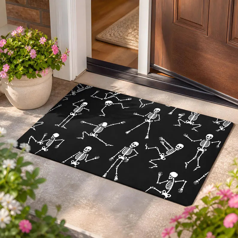 Dancing Skeleton Doormat Halloween Large Black Entry Rug Non-Slip Indoor Outdoor Mat Spooky Decor. DMPETAL20