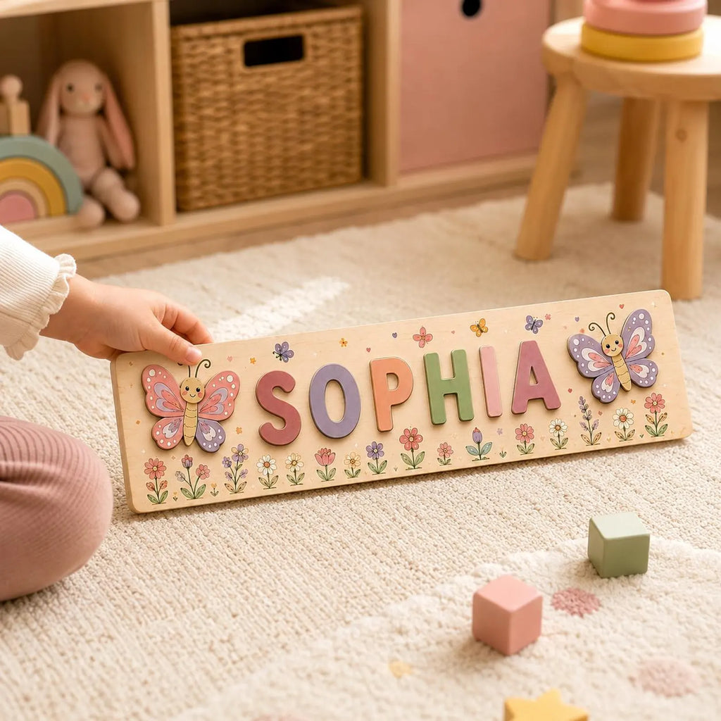 Personalized Butterfly Name Puzzle, Custom Floral Busy Board, Montessori Learning Toy, Wooden Toddler Gift, Nursery Decor. NPPETAL11