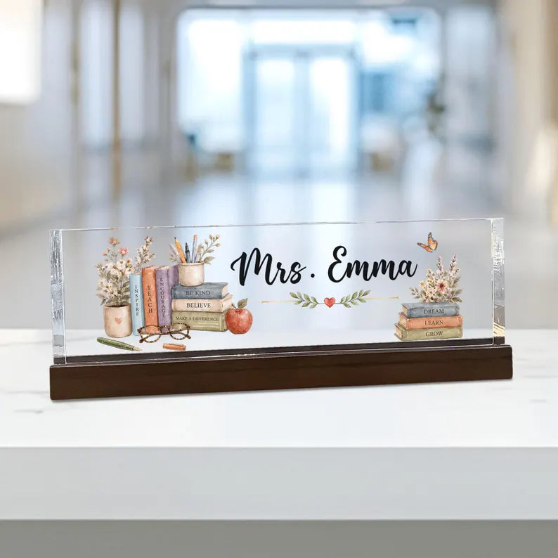 Personalized Teacher Appreciation Gift for Teacher Desk Nameplate, Custom Classroom Sign, Welcome Back to School Nurse Gifts Kindergarten. DNPETAL04