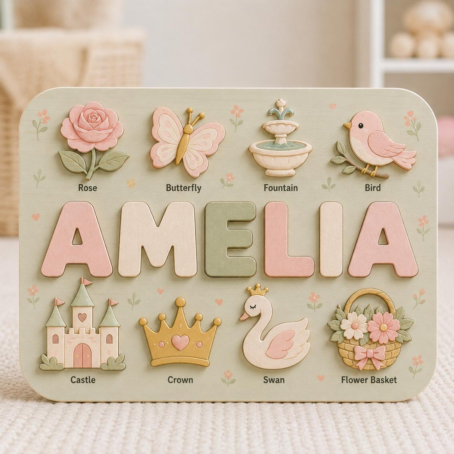 Personalized Princess Garden Name Puzzle, Custom Wooden Name Puzzle, Fairy Tale Montessori Toy, Baby Girl Gift, Nursery Decor. NPPETAL26
