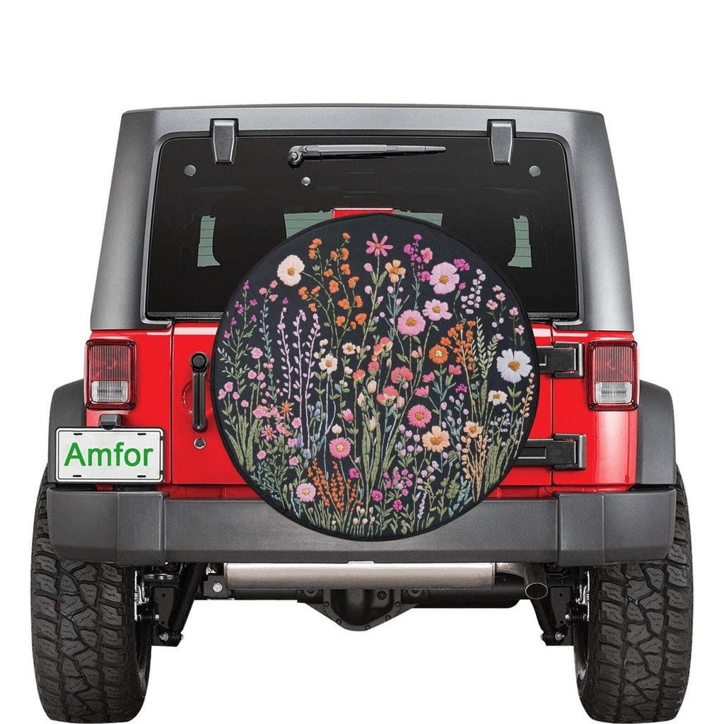 Wild Flowers Spare Tire Cover, Faux Embroidery Pastel Printed Grassy Botanicals Floral Wheel Unique Backup Camera Hole Trailer Back Women RV. TCPETAL10