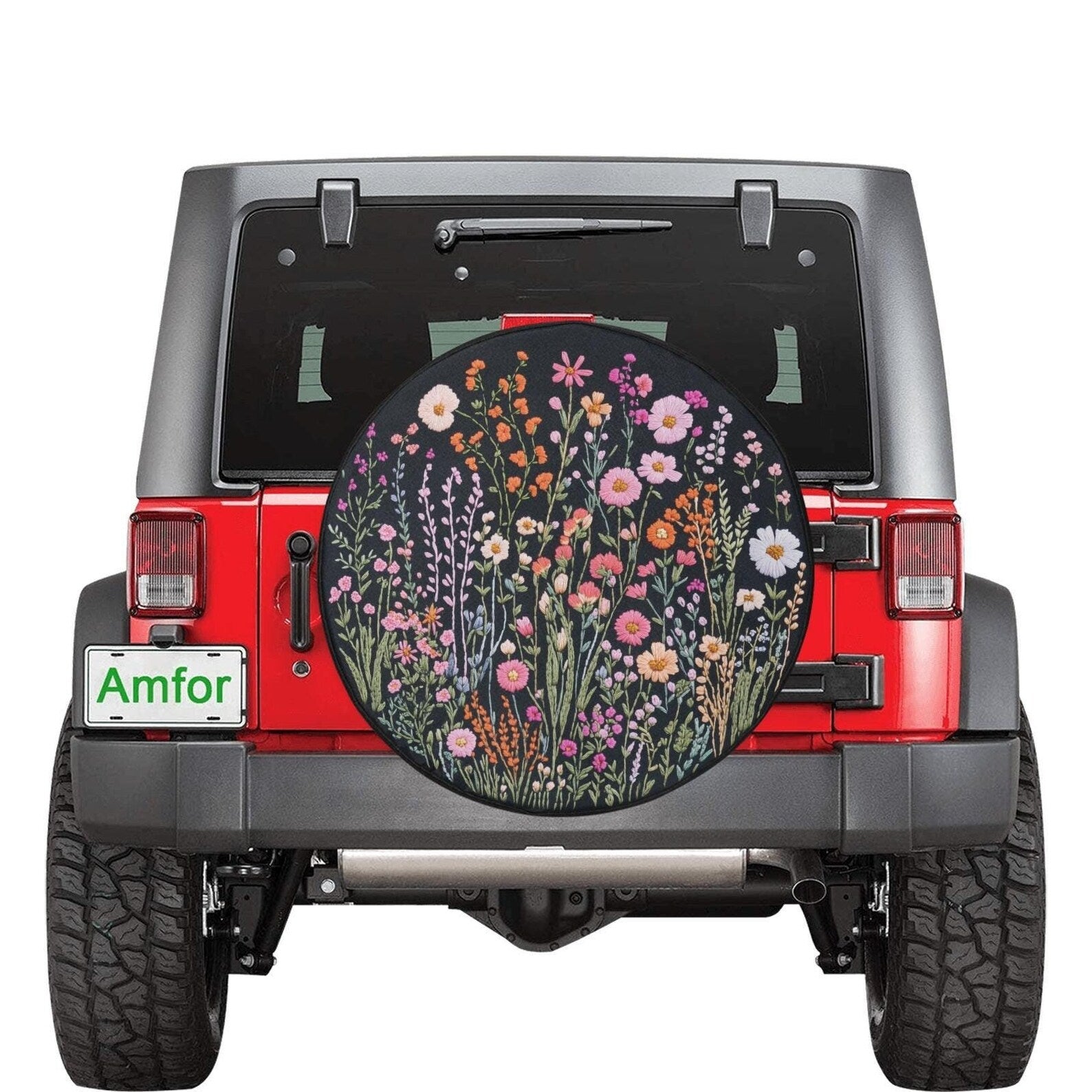 Wild Flowers Spare Tire Cover, Faux Embroidery Pastel Printed Grassy Botanicals Floral Wheel Unique Backup Camera Hole Trailer Back Women RV. TCPETAL10