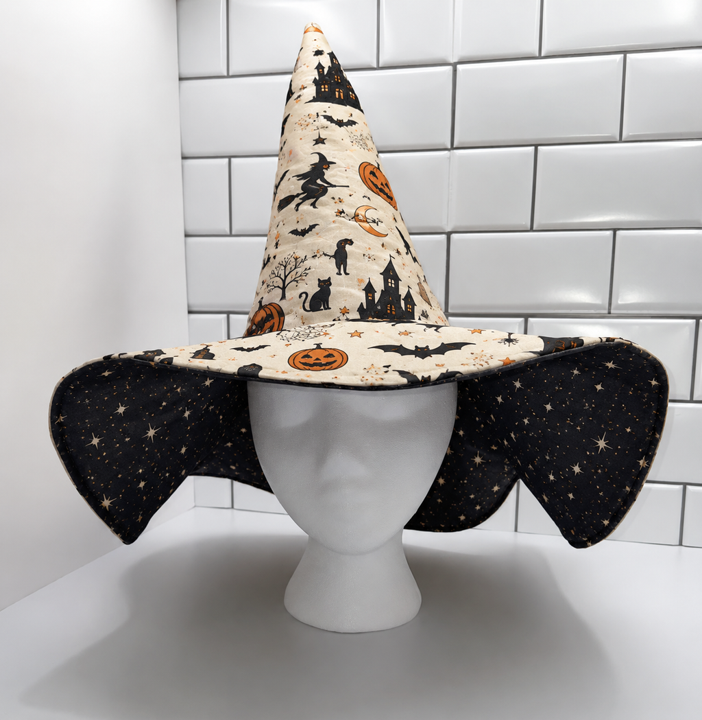 Halloween Quilted Witch Hat for Women – Soft Padded Witch Costume Hat with Pumpkin, Bat & Haunted House Print. QWHPETAL1