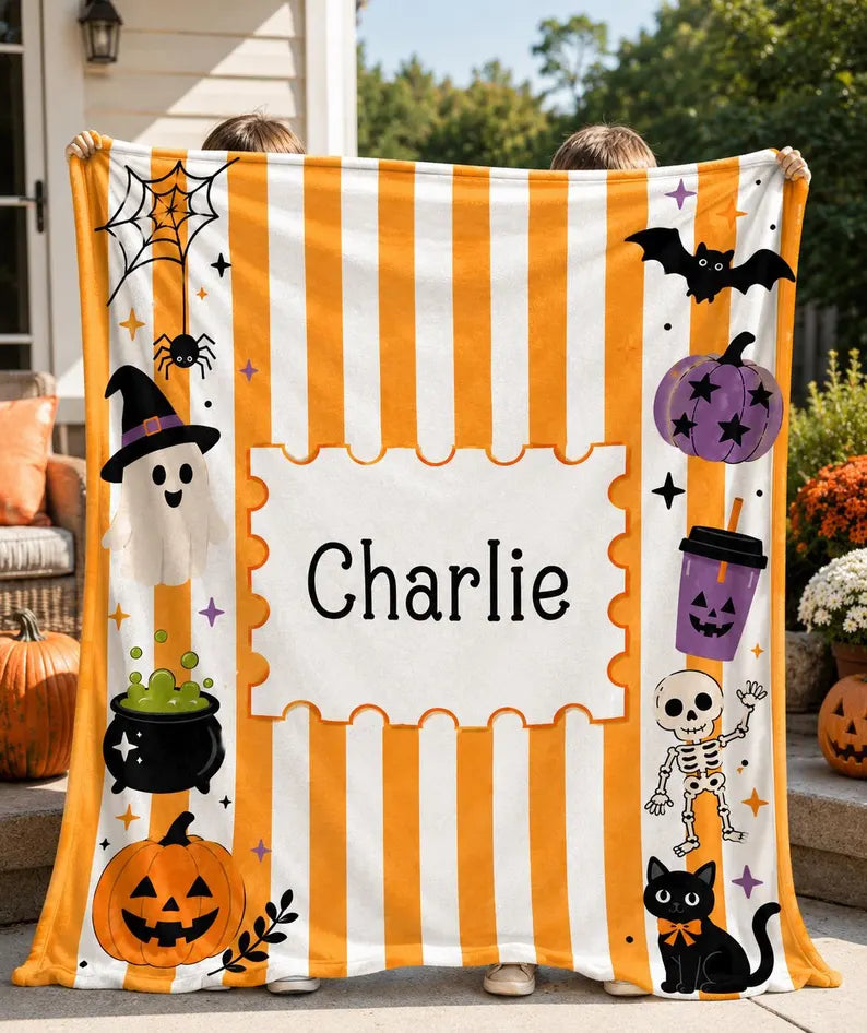 Personalized Halloween Stripe Plush Blanket For Kid, Cute Ghost Pumpkin Cat Bat Skeleton Blanket, Halloween Name Blanket, Kid Halloween Gift. BLKPETAL2