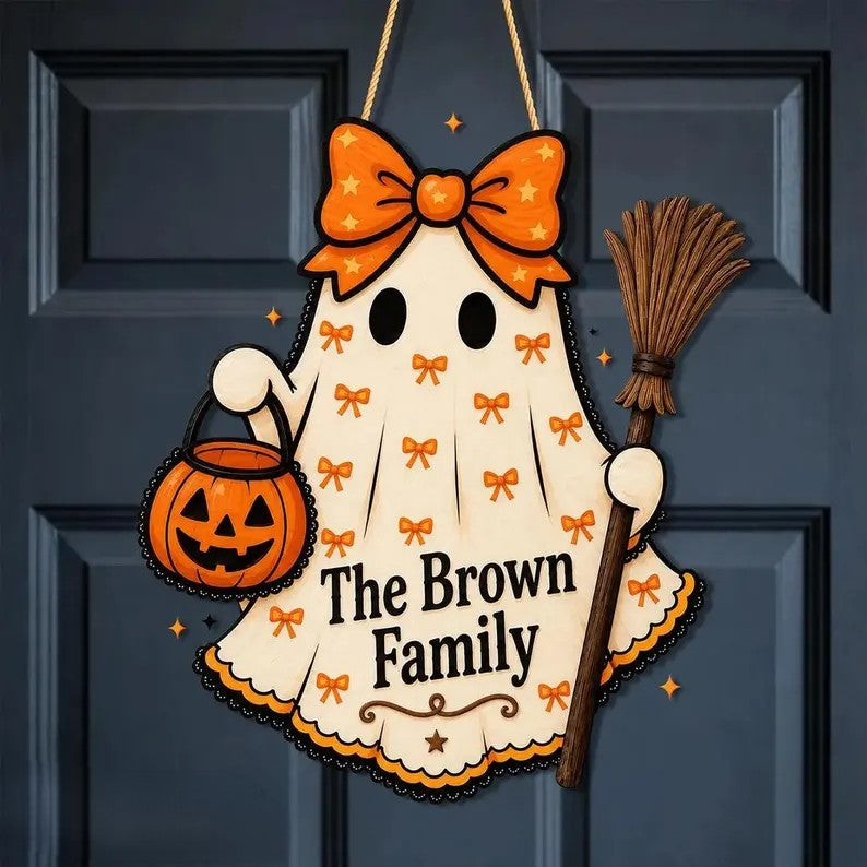 Personalized Halloween Ghost Sign, Custom Name Door Hanger, Fall Pumpkin Wood Sign, Spooky Shop Window Decor. HLWDHPETAL13