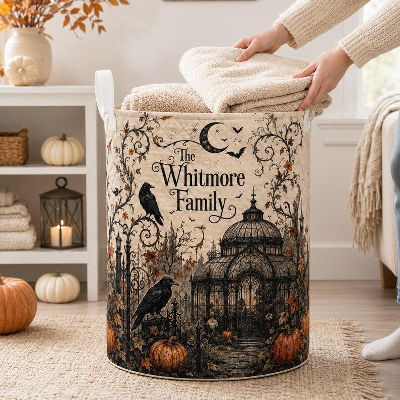 Personalized Gothic Halloween Quilted Laundry Basket, Custom Family Name Laundry Hamper, Raven Greenhouse Pumpkin Storage Bin, Spooky Fall Home Decor LBPETAL148
