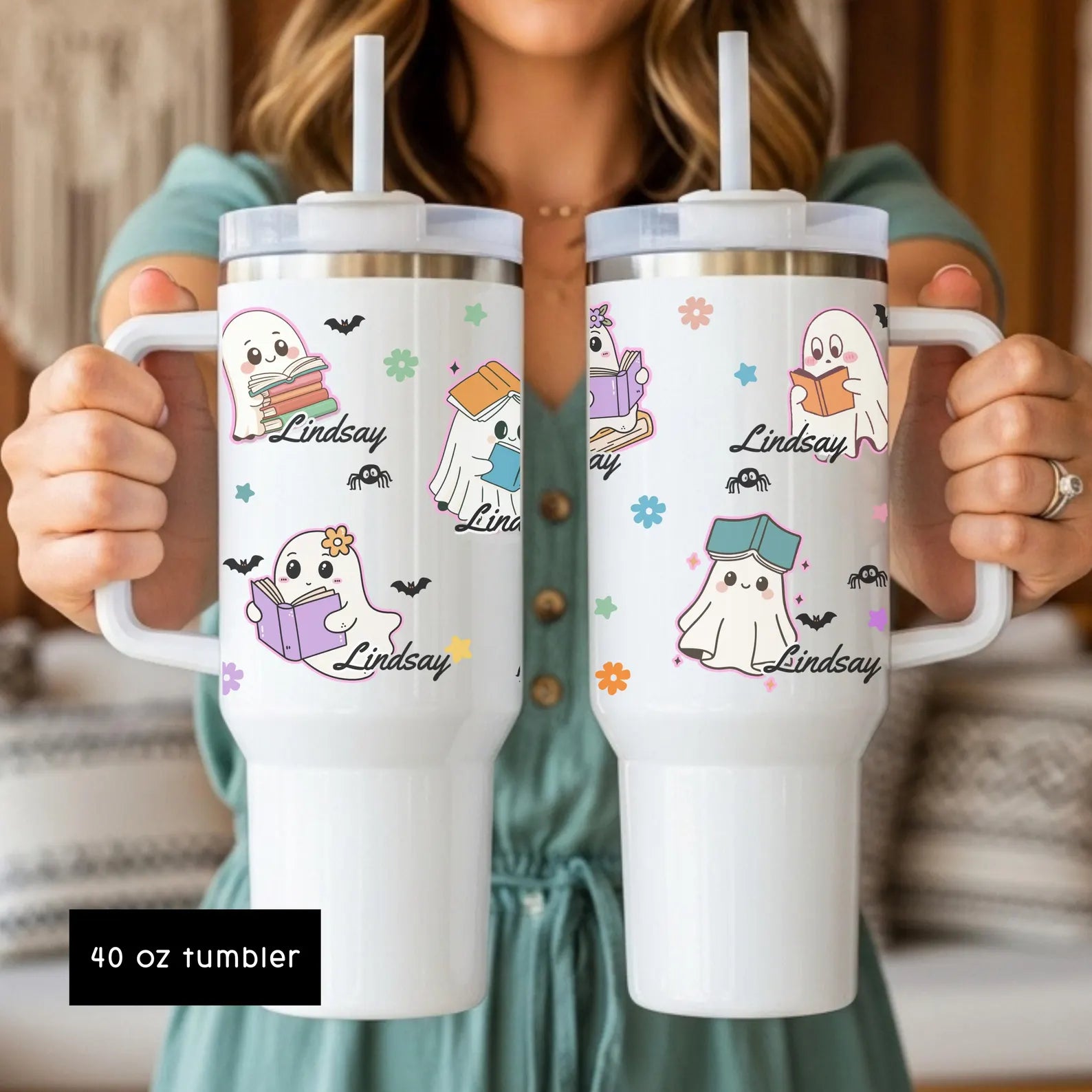 40oz Ghost Reading Iced Coffee Cup, Spooky Tumbler, Halloween Lover Gift. TBLPETAL20