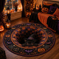 Black Cat Halloween Circle Rug, 3D Illusion Quilted Pumpkin Cat Hole Floor Mat, Witchy Floor Carpet Gift for Halloween. QRPETAL34