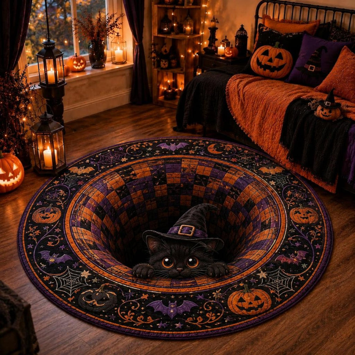 Black Cat Halloween Circle Rug, 3D Illusion Quilted Pumpkin Cat Hole Floor Mat, Witchy Floor Carpet Gift for Halloween. QRPETAL34