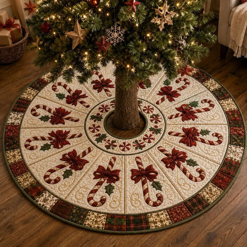 Candy Cane Christmas Tree Skirt, Red Bow Holiday Tree Skirt, Quilt Style Xmas Tree Mat, Farmhouse Christmas Tree Decor. CTSPETAL20
