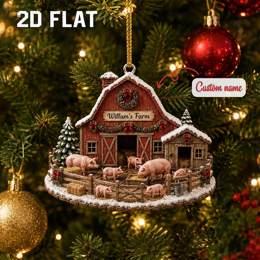 Personalized Farm Christmas Ornament, Custom Name Pig Barn Ornament, Farmer Family Gift, Rustic Wooden Homestead Christmas Decor	COPETAL33