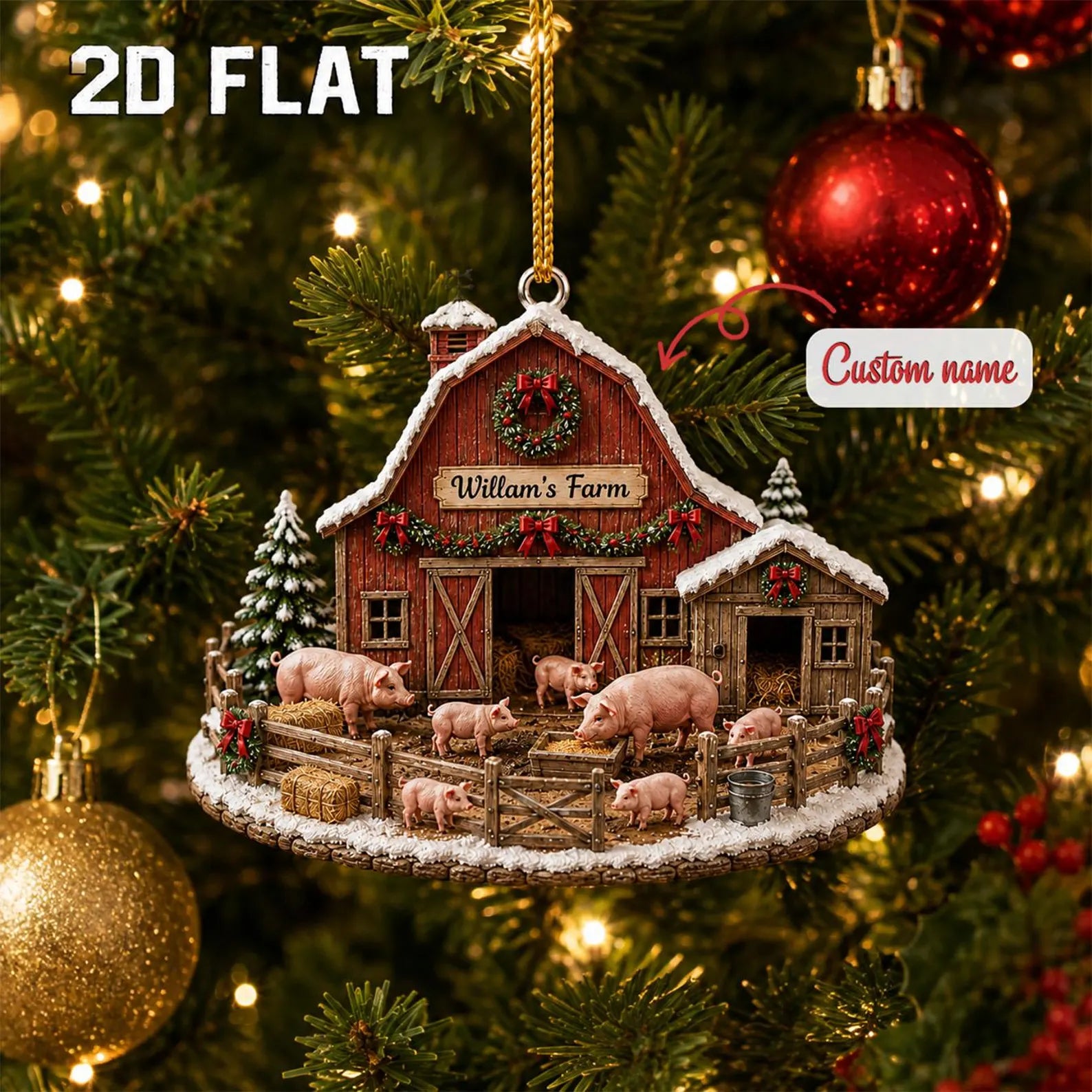 Personalized Farm Christmas Ornament, Custom Name Pig Barn Ornament, Farmer Family Gift, Rustic Wooden Homestead Christmas Decor	COPETAL33