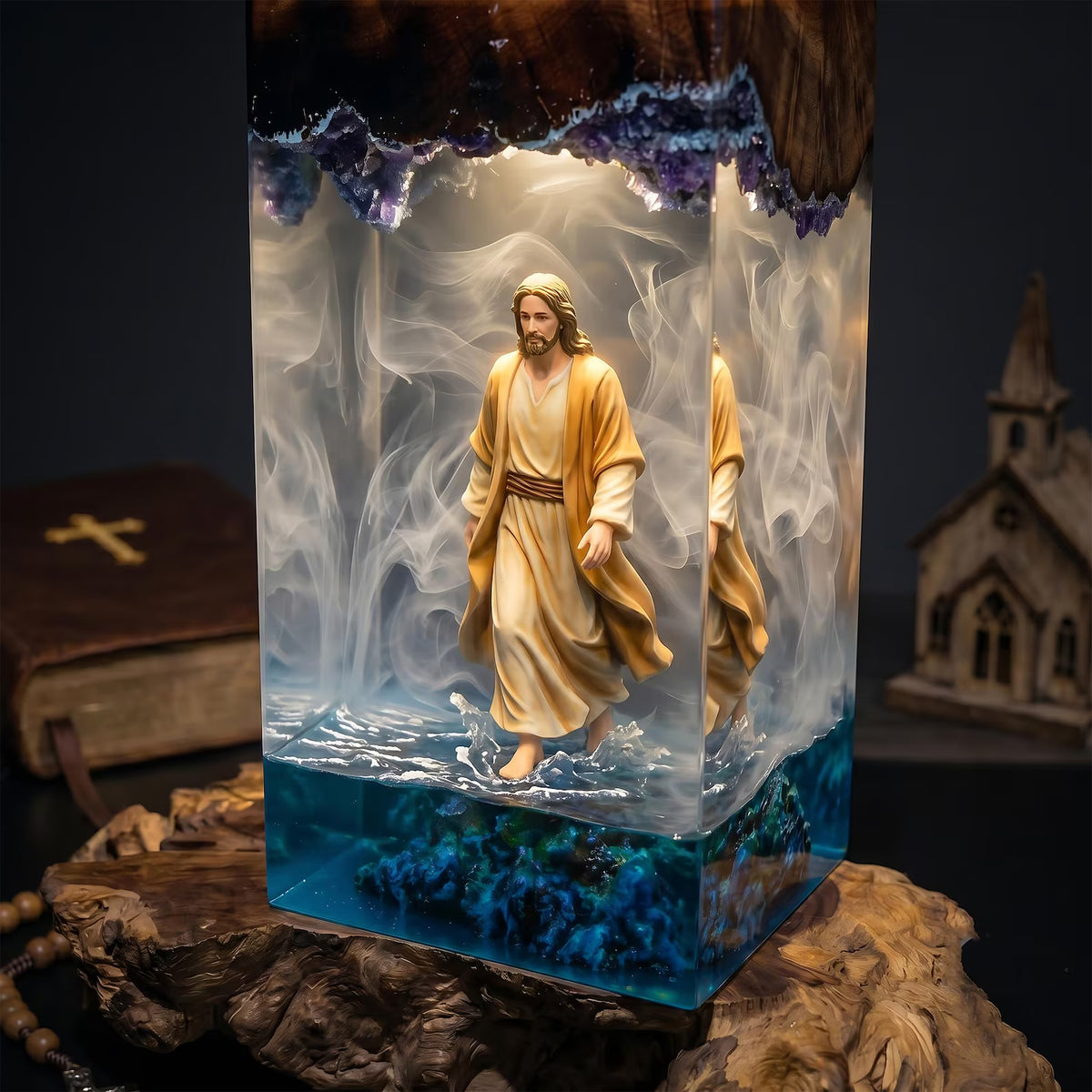 Jesus on the Sea Resin Art Lamp, Walking on Water Night Light, Christian Home Decor, Faith Inspired Gift Idea. RLPETAL19