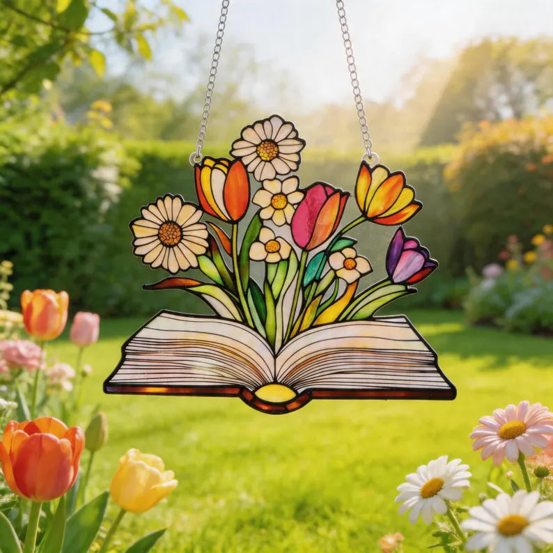 Stained Glass Book Suncatcher, Floral Book Lover Gift, Reading Nook Decor, Window Hanging Glass Art, Teacher Gift, Library Decor. SUNPETAL12
