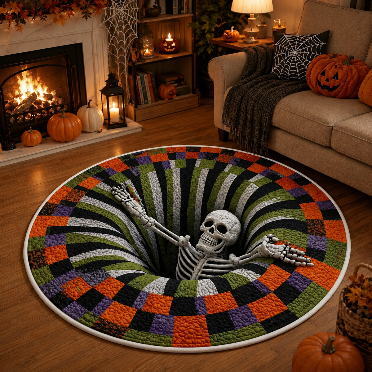 3D Skeleton Halloween Rug, Round Spooky Area Rug, Optical Illusion Floor Mat, Creepy Haunted House Decor. QRPETAL10