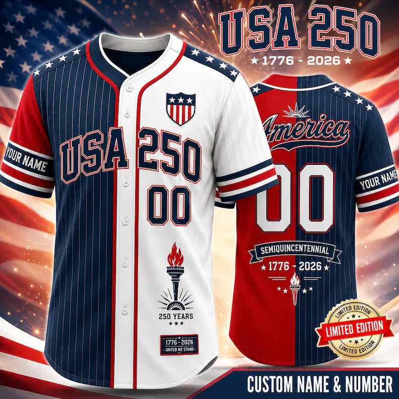 USA 250th Anniversary Baseball Jersey, Custom Couples 4th Of July Shirt, Patriotic Gift for Men. BJPETAL08