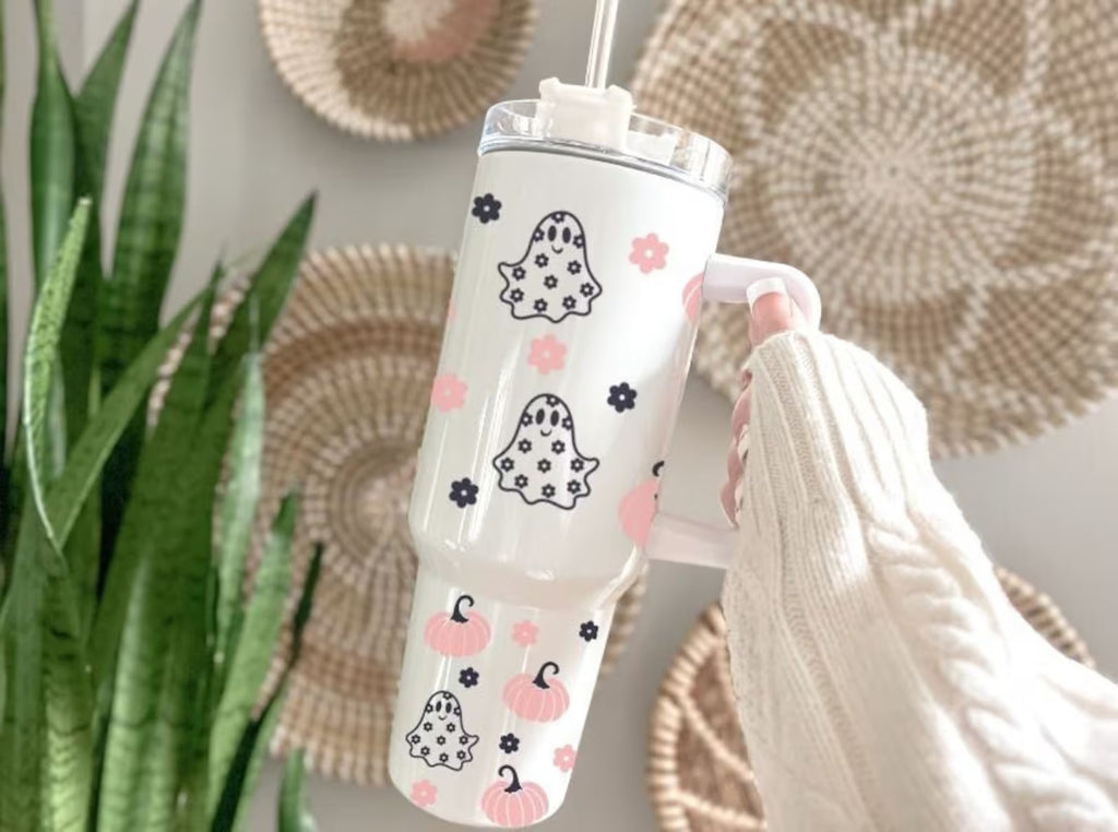 Retro Halloween 40oz Tumbler with Handle and Straw, Ghost 40oz Tumbler Maintains Cold Heat and Ice for Hours, Halloween Tumbler Gift. TBLPETAL15