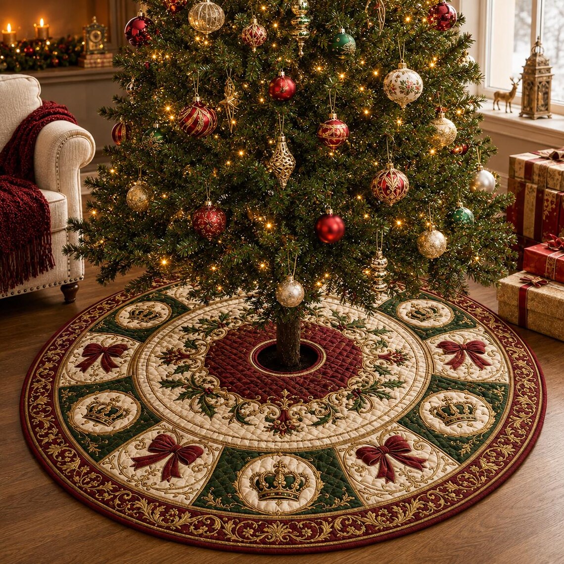 Christmas Tree Skirt, Holiday Tree Decor, Bow and Crown Christmas Decor, Quilted Style Tree Mat. CTSPETAL23