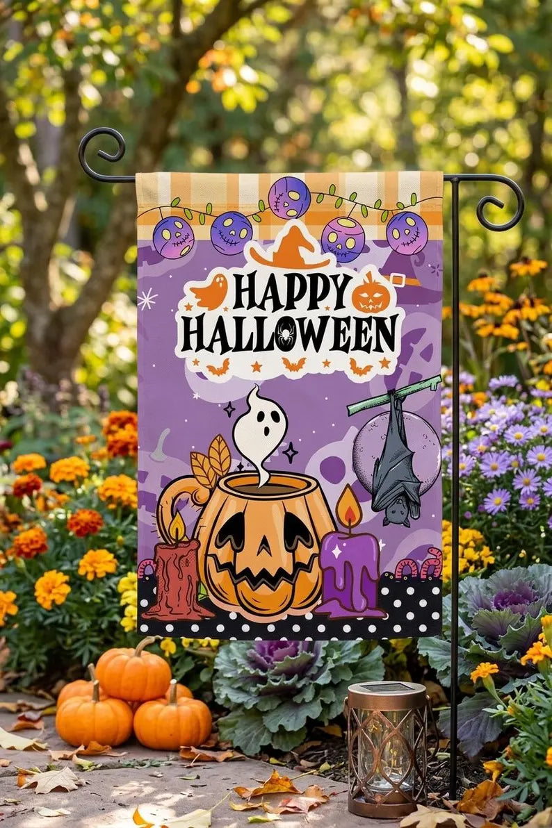 Happy Halloween Garden Flag, Spooky Ghost Pumpkin Yard Flag, Double Sided Outdoor Fall Decor, Halloween Porch Decor. HLWGFPETAL11