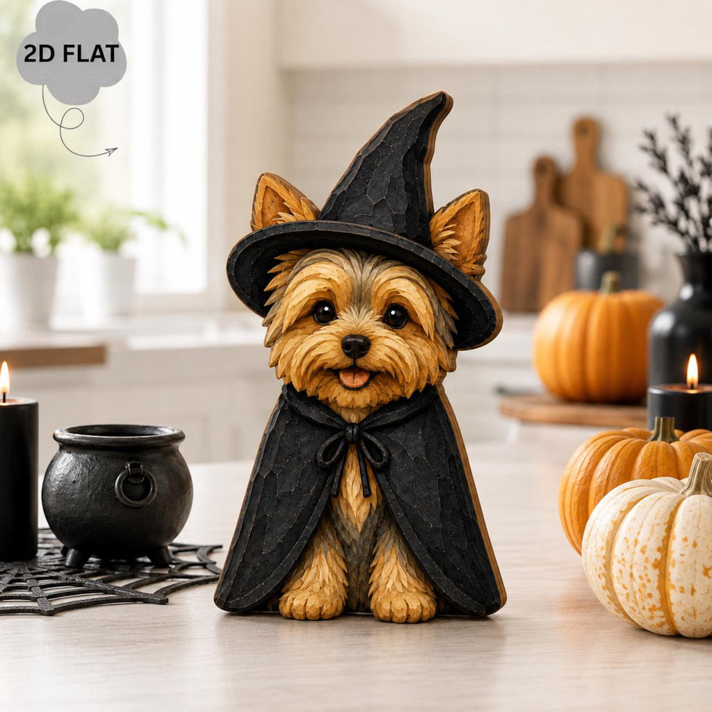 Custom Yorkshire Terrier Halloween Wooden Block, Cute Yorkie Witch Dog Decor, 2D Flat Pet Standee, Spooky Fall Tabletop Display Gift. WBPETAL10