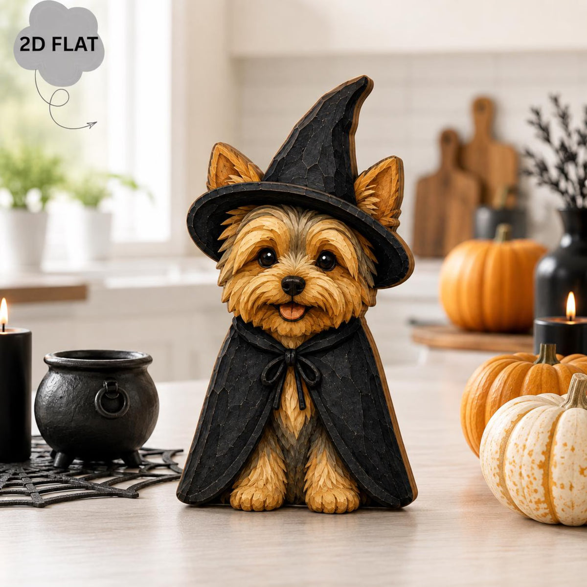 Custom Yorkshire Terrier Halloween Wooden Block, Cute Yorkie Witch Dog Decor, 2D Flat Pet Standee, Spooky Fall Tabletop Display Gift. WBPETAL10