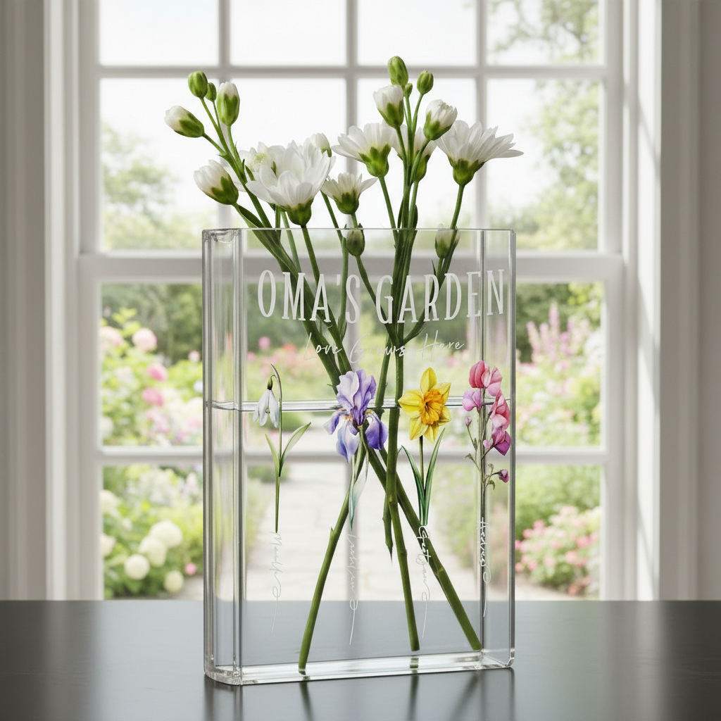 Book-Shaped Acrylic Vase for Flowers, Personalized Birth Flower Vase for Mom/Grandma, Custom Kids Name Clear Vase, Mother's Day Gift