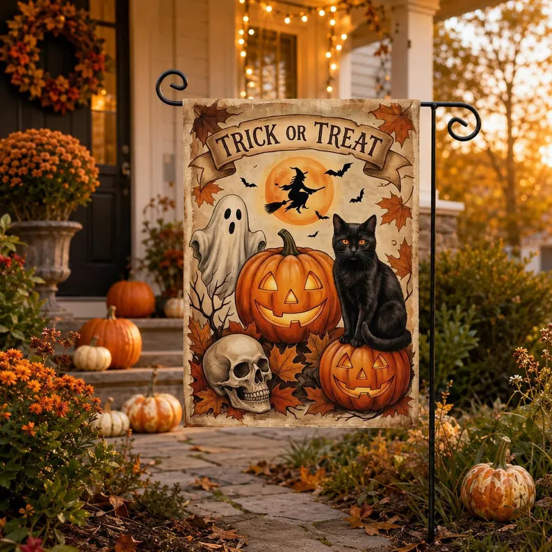 Happy Halloween Garden Flag, Trick Or Treat Halloween Garden Flag, Black Cat Garden Flag, Spooky Season, Halloween Decor. HLWGFPETAL14