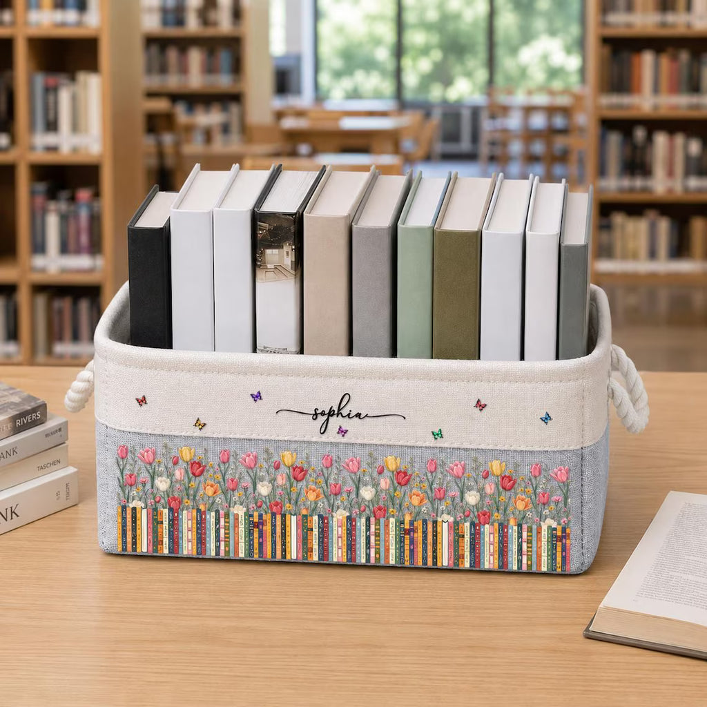 Custom Birth Flower Book Basket With Name, Floral Canvas Storage Bin, Book Lover Decor, Personalized Organizing Basket, Gift For Librarian. BBPETAL1