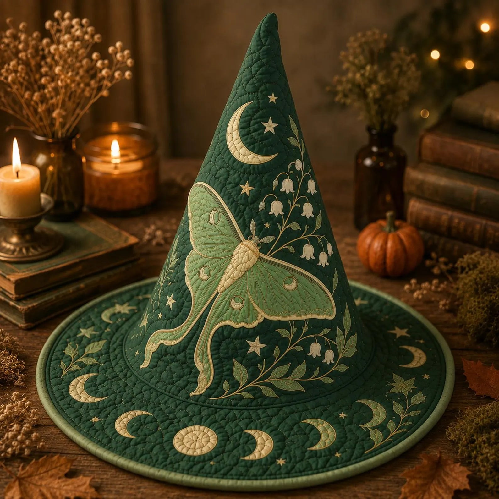 Luna Moth Quilted Witch Hat, Celestial Moon Phase Halloween Decor, Cottagecore Witchy Home Accent, Handmade Fabric Hat, Wiccan Gift. QWHPETAL17
