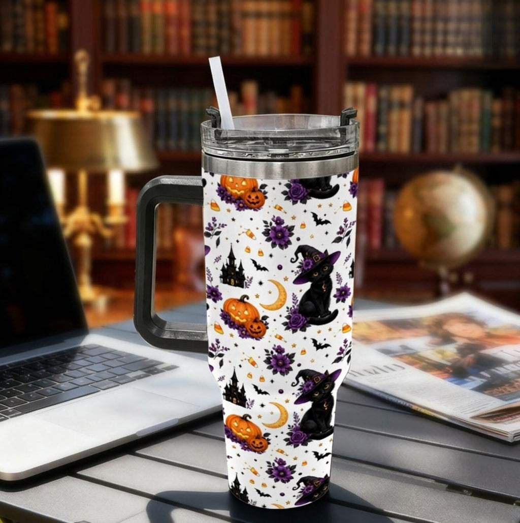 Cute Halloween Black Cat 40oz Tumbler with Handle, Witch Cat Pumpkin Bat Floral Stainless Steel Mug, Spooky Season Drinkware Gift. TBLPETAL2