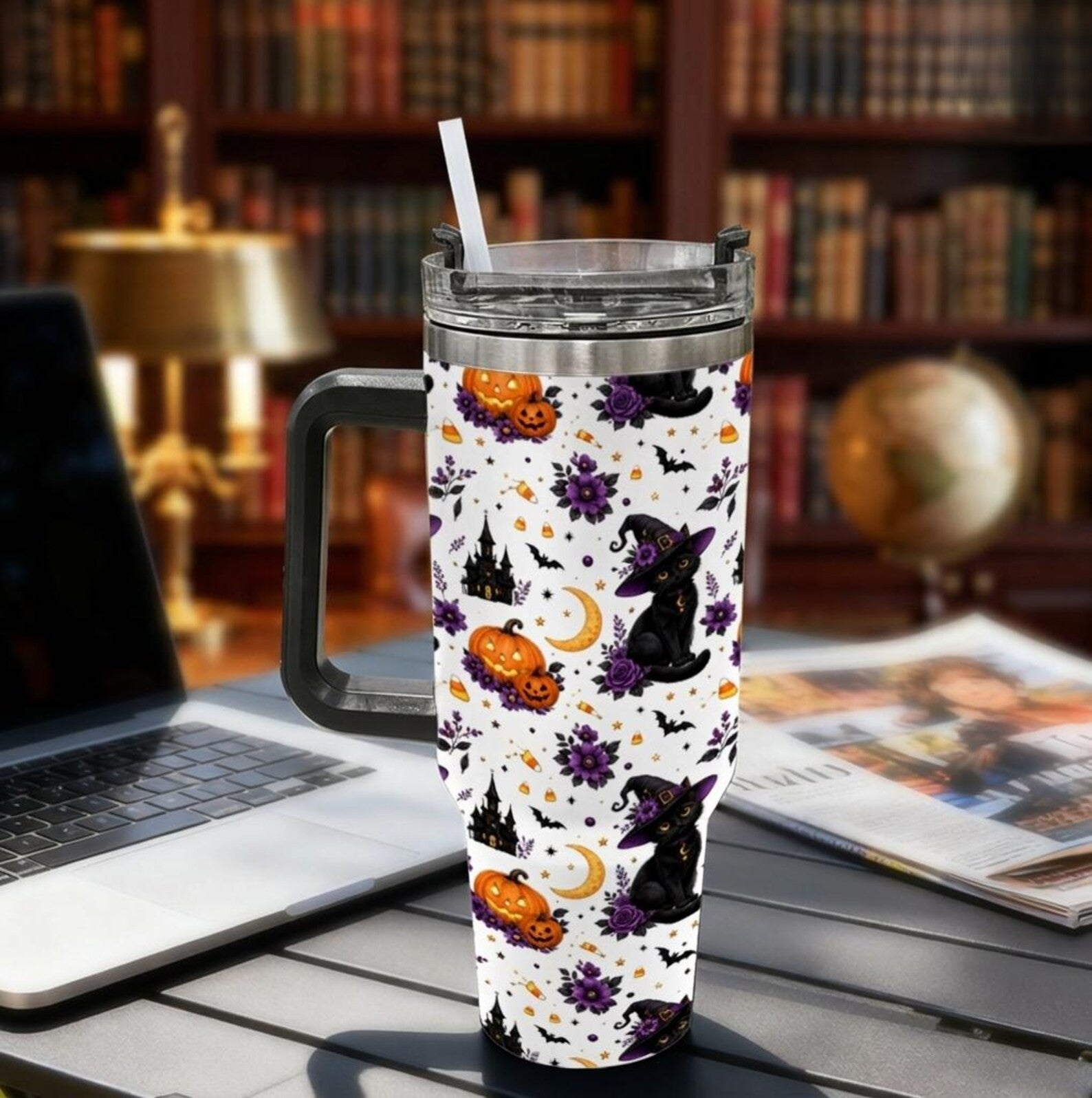 Cute Halloween Black Cat 40oz Tumbler with Handle, Witch Cat Pumpkin Bat Floral Stainless Steel Mug, Spooky Season Drinkware Gift. TBLPETAL2