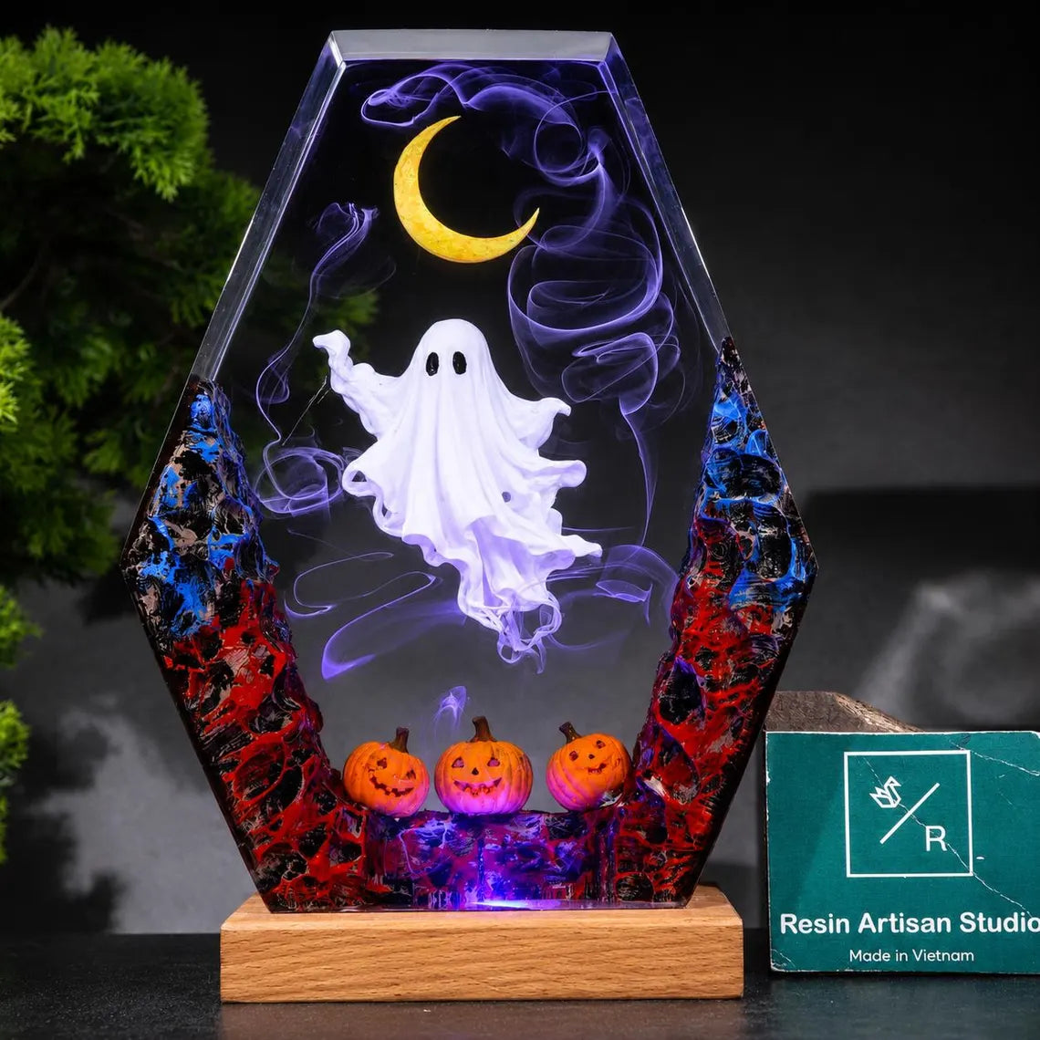 Halloween Ghost Resin Lamp, Spooky Pumpkin Night Light, Crescent Moon Decor, Handmade Halloween Gift, Gothic Desk Lamp. RLPETAL09