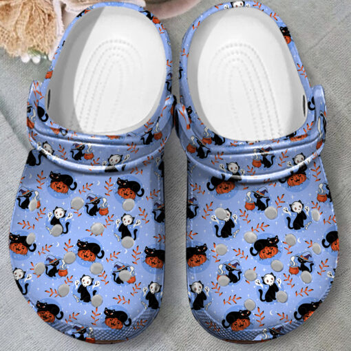 Halloween Ghost Pumpkin Clogs – Cute Blue Spooky Season Slip-On Shoes with Black Cat & Boo Print for Fall Gifts. CLPETAL14