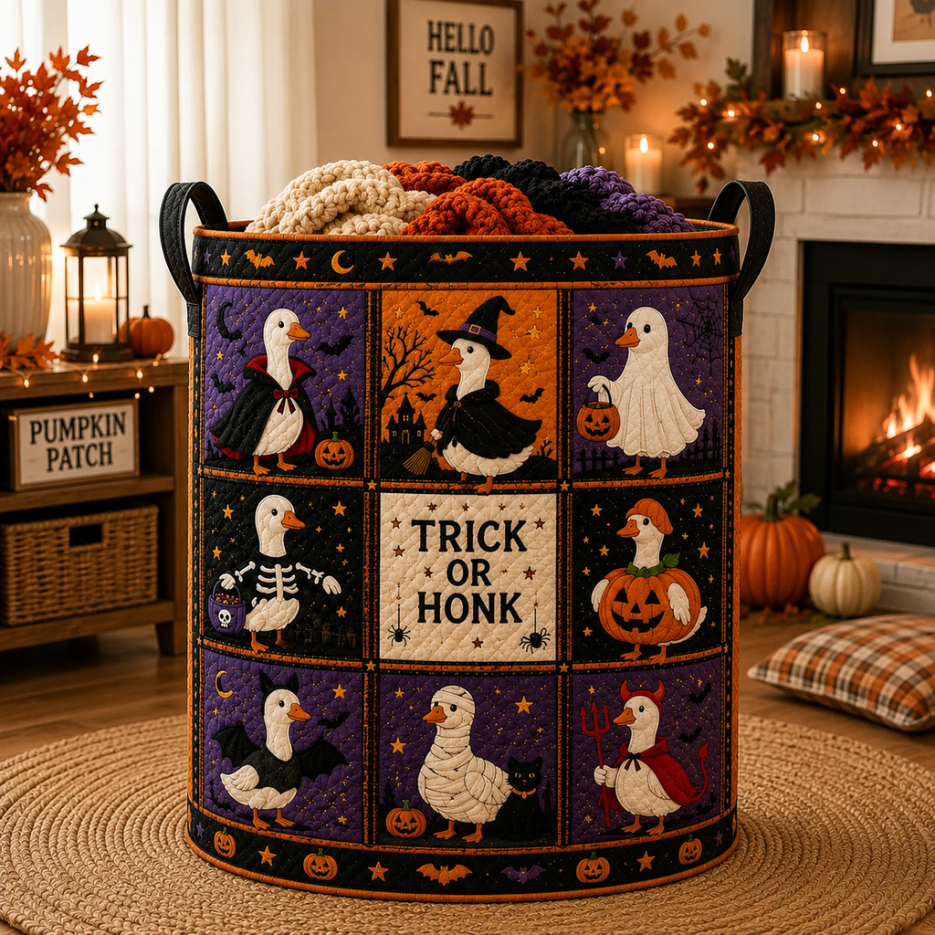 Halloween Goose Quilted Laundry Basket, Trick Or Honk Hamper, Funny Halloween Goose Storage Bin, Spooky Fall Decor. HLWLBPETAL8
