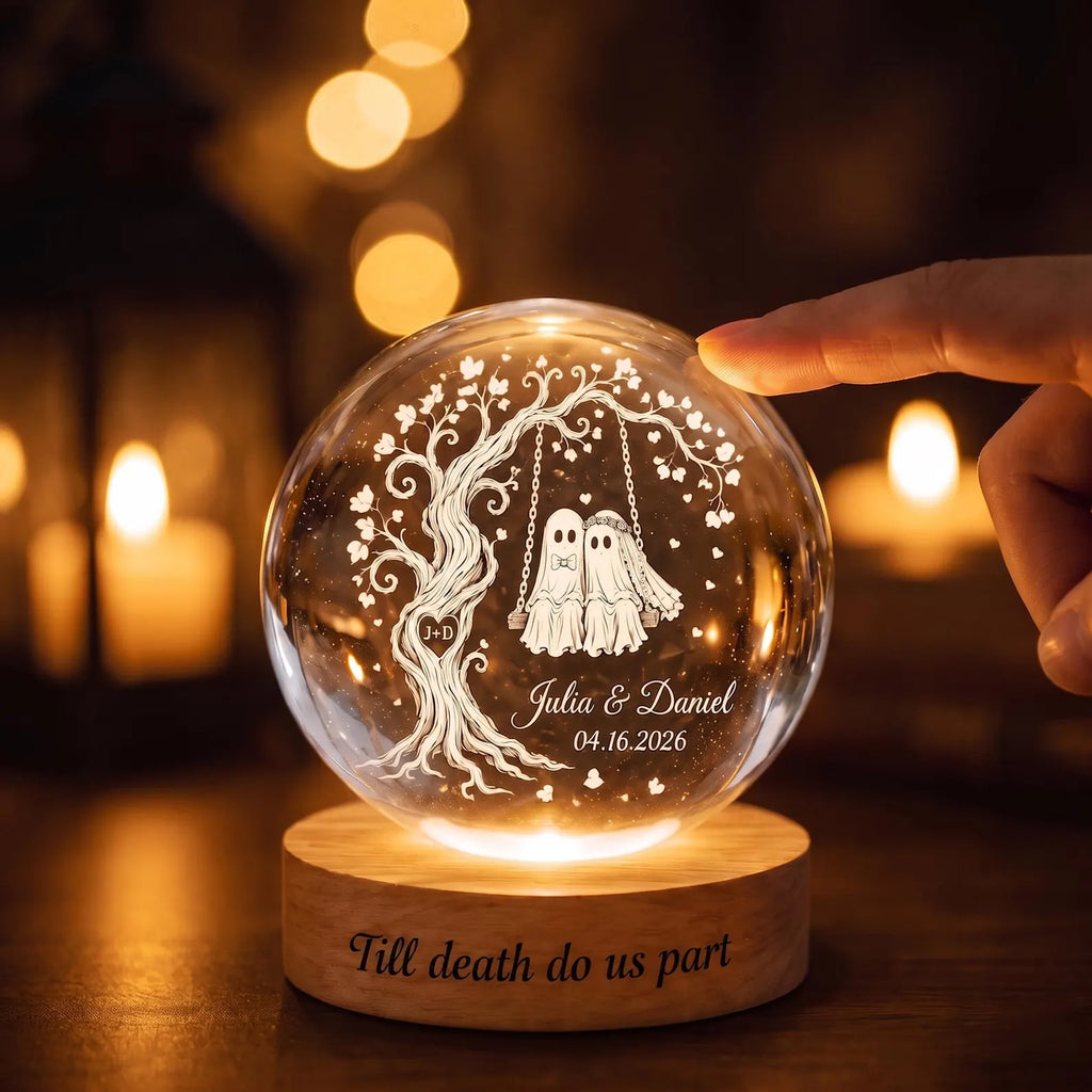 Custom Spooky Ghost Couple Crystal Ball Night Light, Tree of Love LED Night Light, Halloween Wedding Gift for Couple, Halloween Home Decor. LEDPETAL2