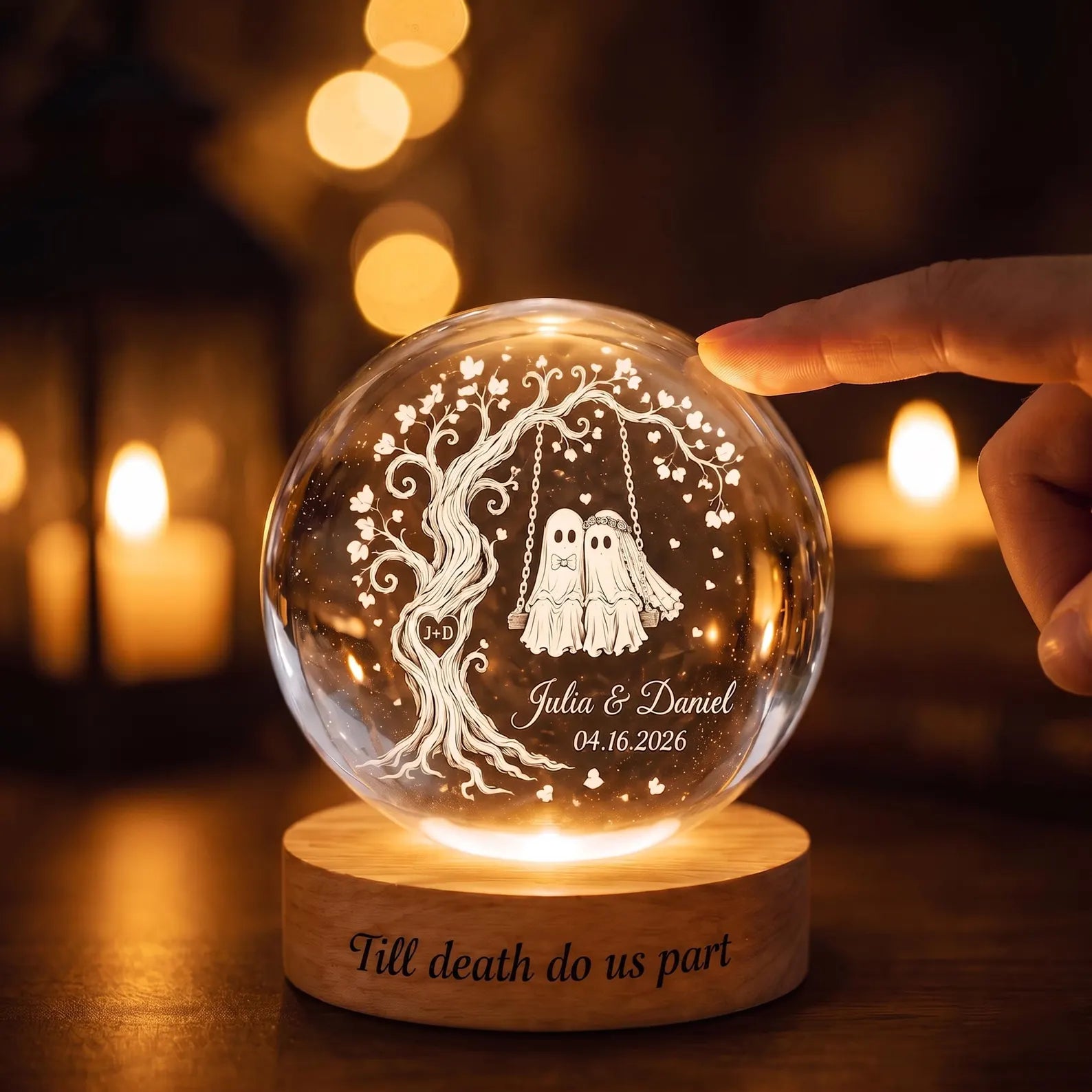 Custom Spooky Ghost Couple Crystal Ball Night Light, Tree of Love LED Night Light, Halloween Wedding Gift for Couple, Halloween Home Decor. LEDPETAL2